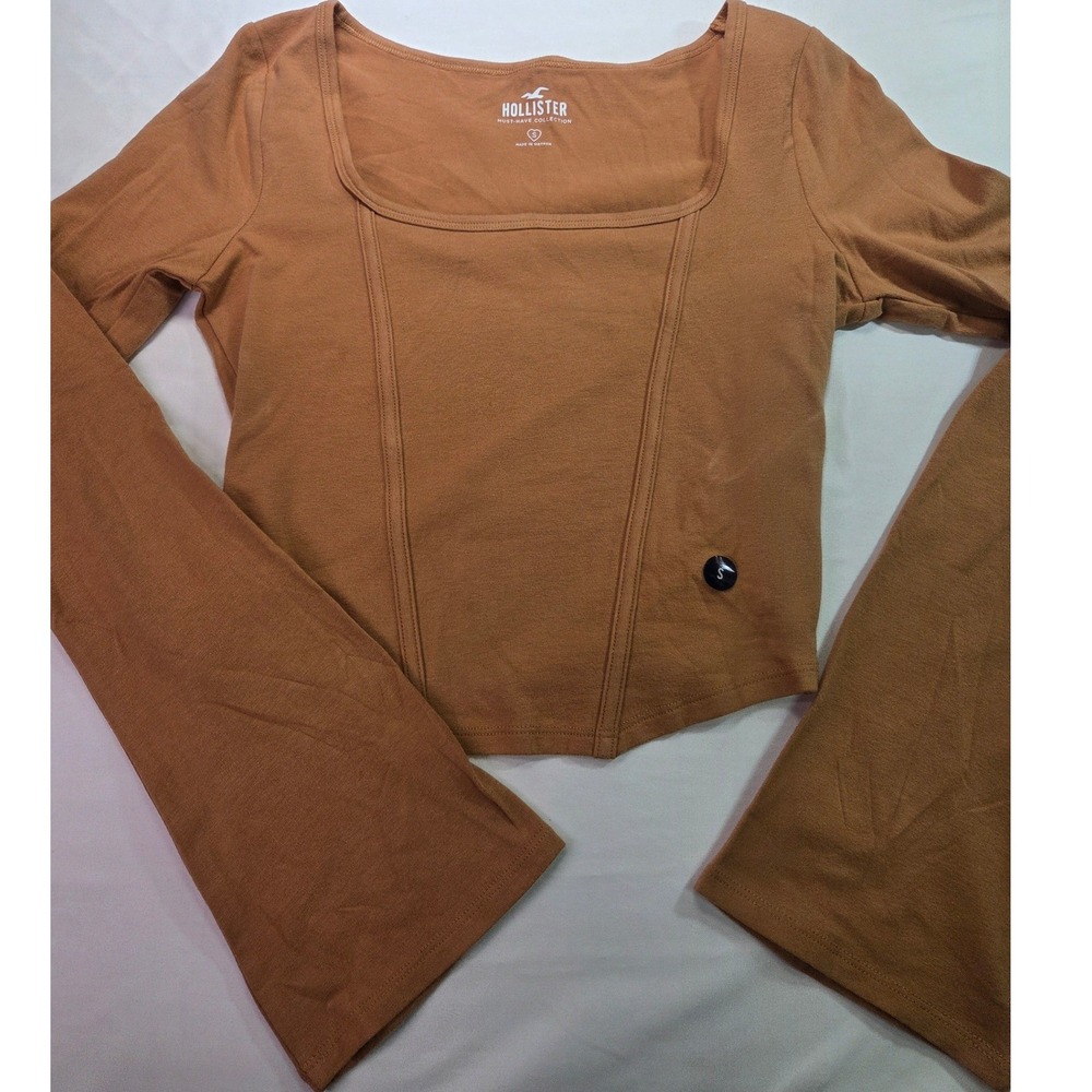 Hollister Must-Have Collection Brown Corset Seam Bell Sleeve Crop Top Small